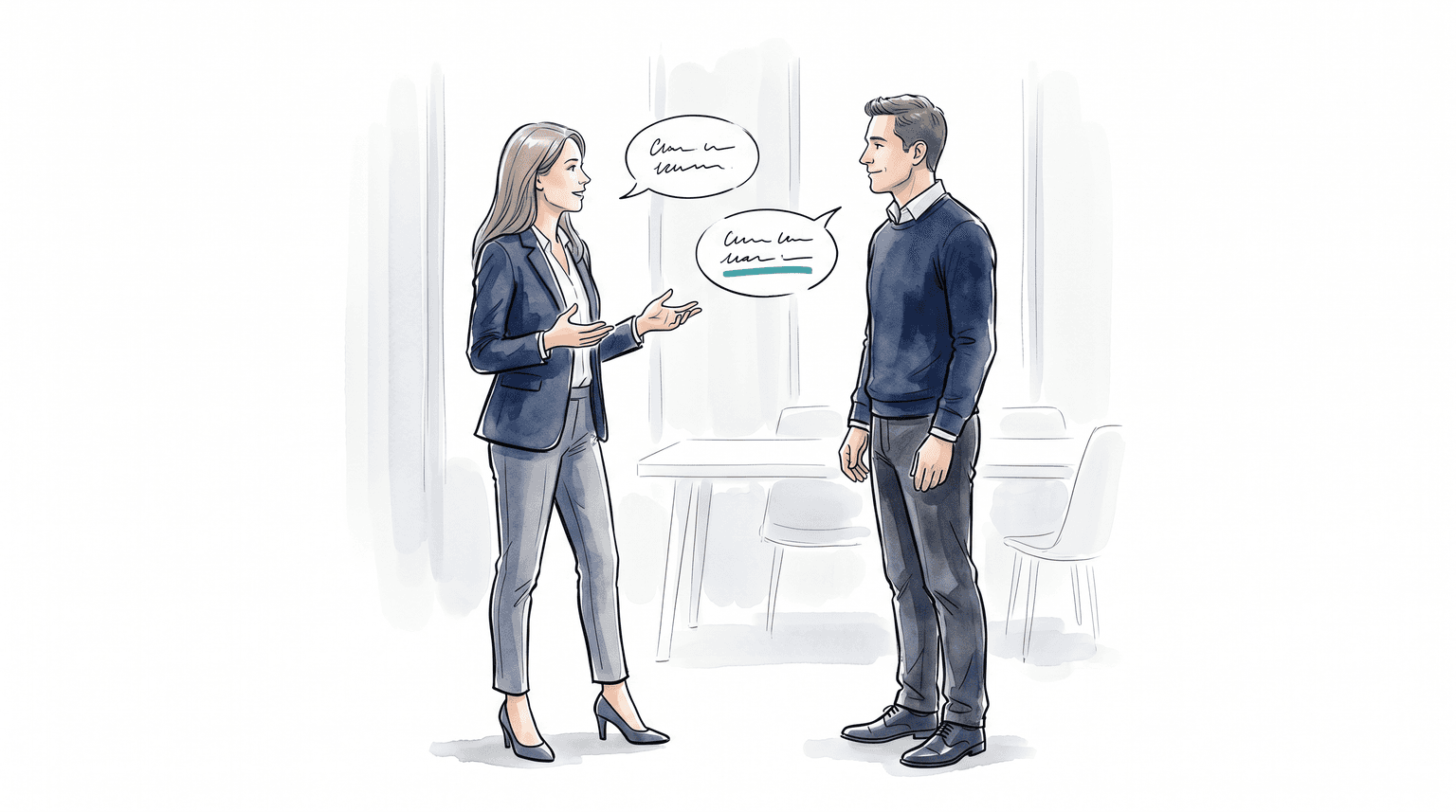 Hand-drawn sketch of two people in a calm business conversation