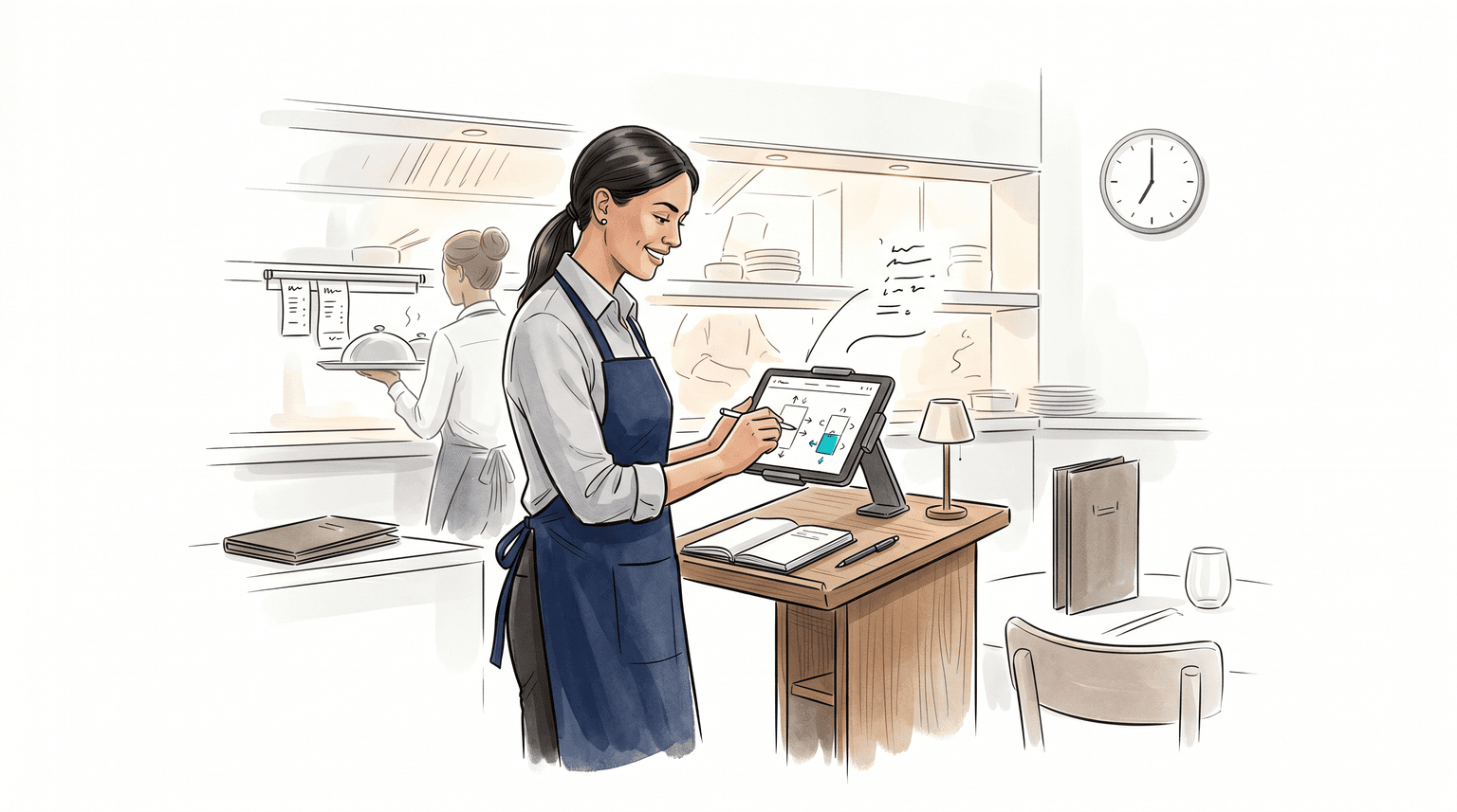Illustration of hospitality staff managing reservations and service on a tablet