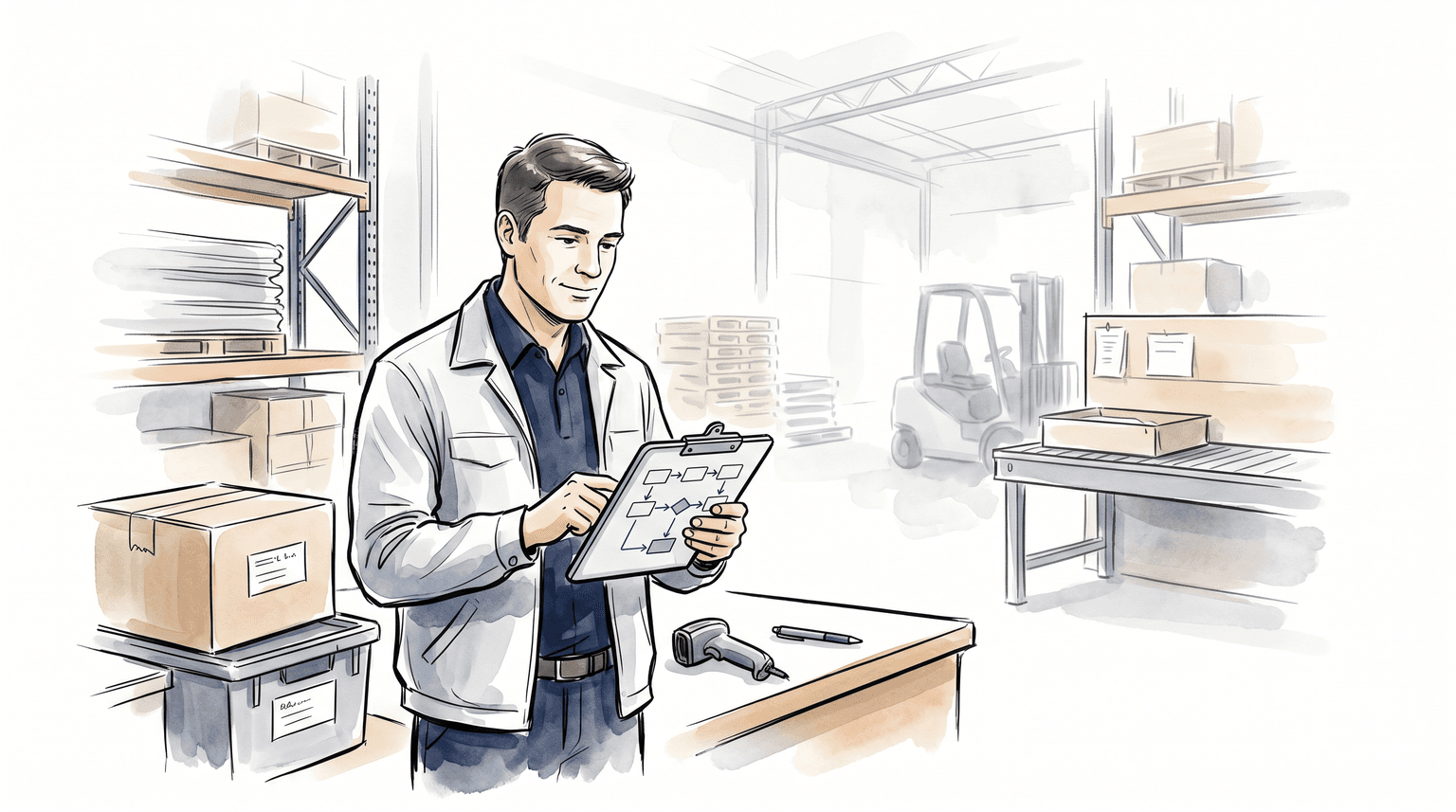 Illustration of a production supervisor managing order-to-dispatch workflow