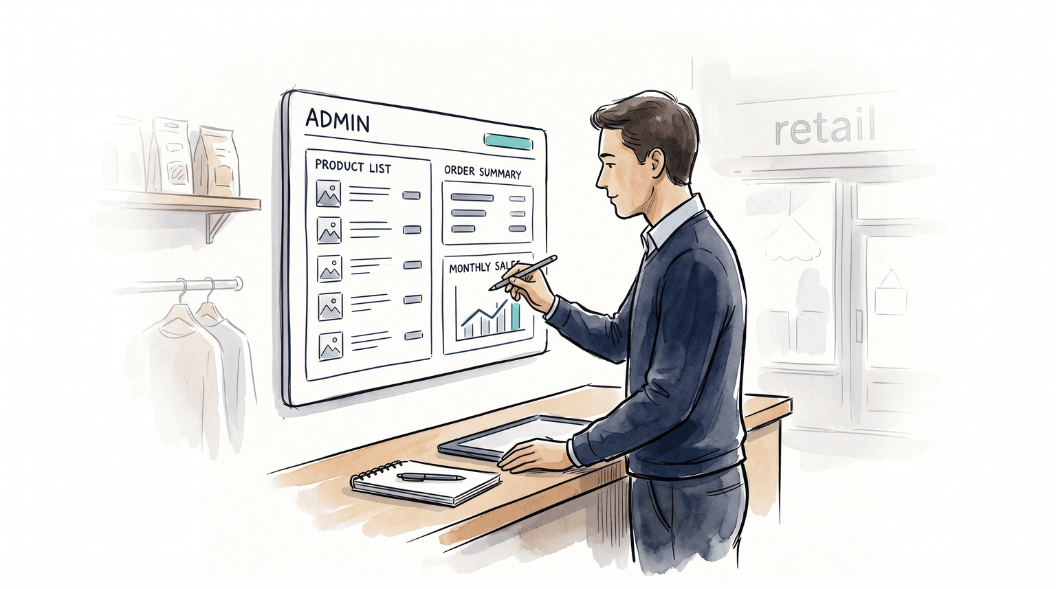 Illustration of a retail operator reviewing e-commerce and in-store sales data