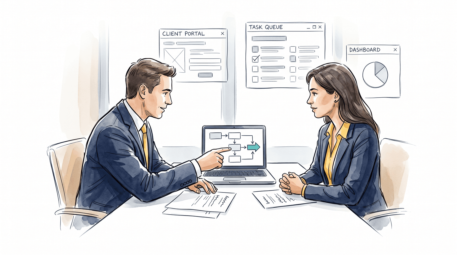 Illustration of a B2B team collaborating on client portals and workflow tools