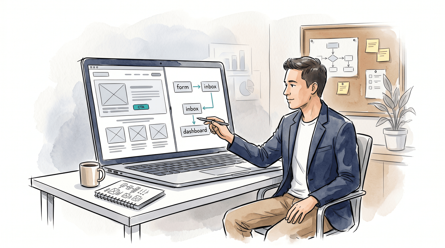 Illustration of a founder connecting a marketing website to admin and workflow tools